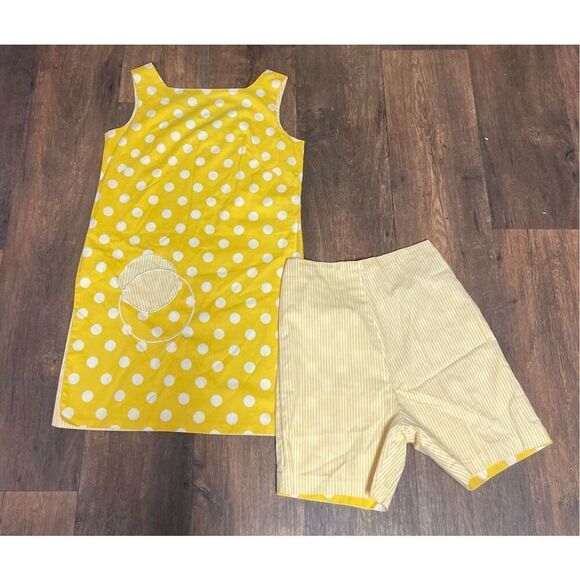 Vintage Pants - Vintage 60s Bright Yellow Polka Dot & Stripes Reversible Tunic Top & Shorts Set